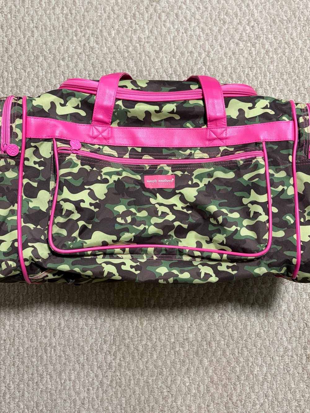 Simply Southern Green Camo Duffel with Hot Pink Trim